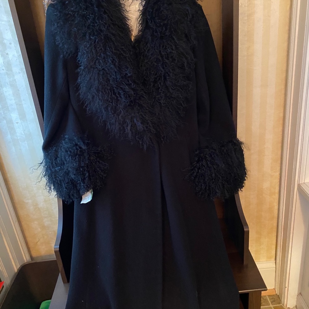 Marvin Richards Black Wool Coat with Mongolian Fur Trim